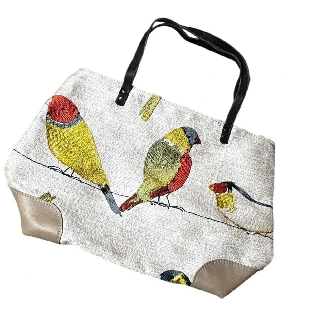 HandMade Bird Tapestry Tote Bag Womens Large Tan Embroidered Finch Design‎